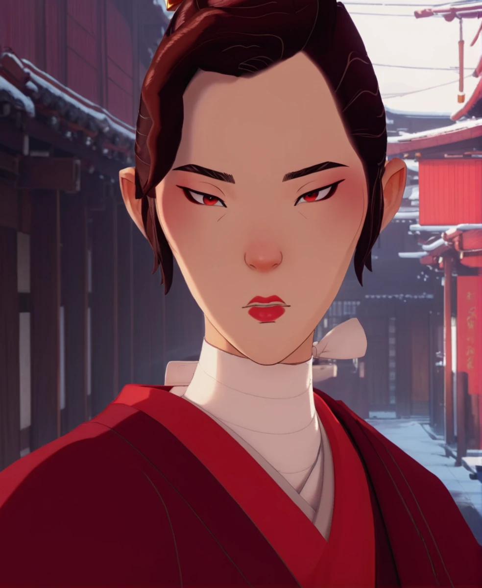 full color drawing of Mizu, woman,clad in a maroon mofuku, empty street, Edo period, closeup, epic character composition,by ilya kuvshinov, manon bailly, drawing <lora:BlueEyeSamurai:1>