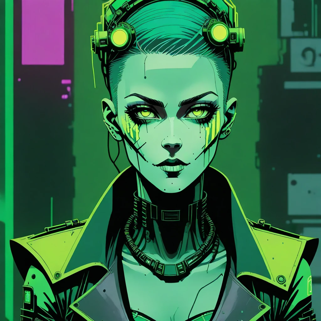 nvinkpunk, popart, green hues, a cyberpunk necromancer