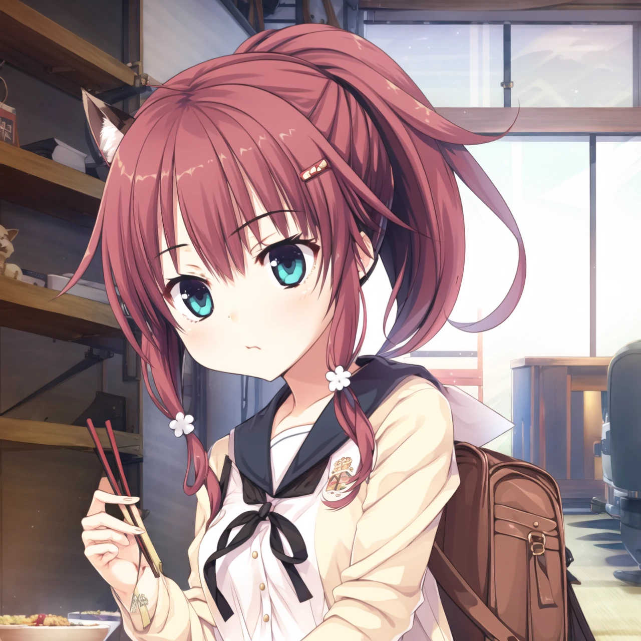 1girl,school uniform,skirt,red hair,hair ornament,bento,plaid,ponytail,bag,plaid skirt,food,school bag,solo,fox tail,aqua eyes,fox,squatting,cat,chopsticks,fox ears,pleated skirt,sidelocks,blue eyes,flower,serafuku,<lora:migita hibiki:0.8>,<lora:Youzi5-000025:0.7>,