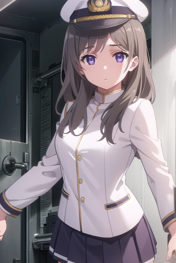 chinamoeka, <lora:china moeka s1-lora-nochekaiser:1>,
china moeka, long hair, brown hair, (purple eyes:1.1),
BREAK hair ornament, hat, hairclip, uniform, military, military uniform, peaked cap, naval uniform, (white uniform:1.5),
BREAK outdoors, ship, navy,
BREAK looking at viewer, (cowboy shot:1.5),
BREAK <lyco:GoodHands-beta2:1>, (masterpiece:1.2), best quality, high resolution, unity 8k wallpaper, (illustration:0.8), (beautiful detailed eyes:1.6), extremely detailed face, perfect lighting, extremely detailed CG, (perfect hands, perfect anatomy),