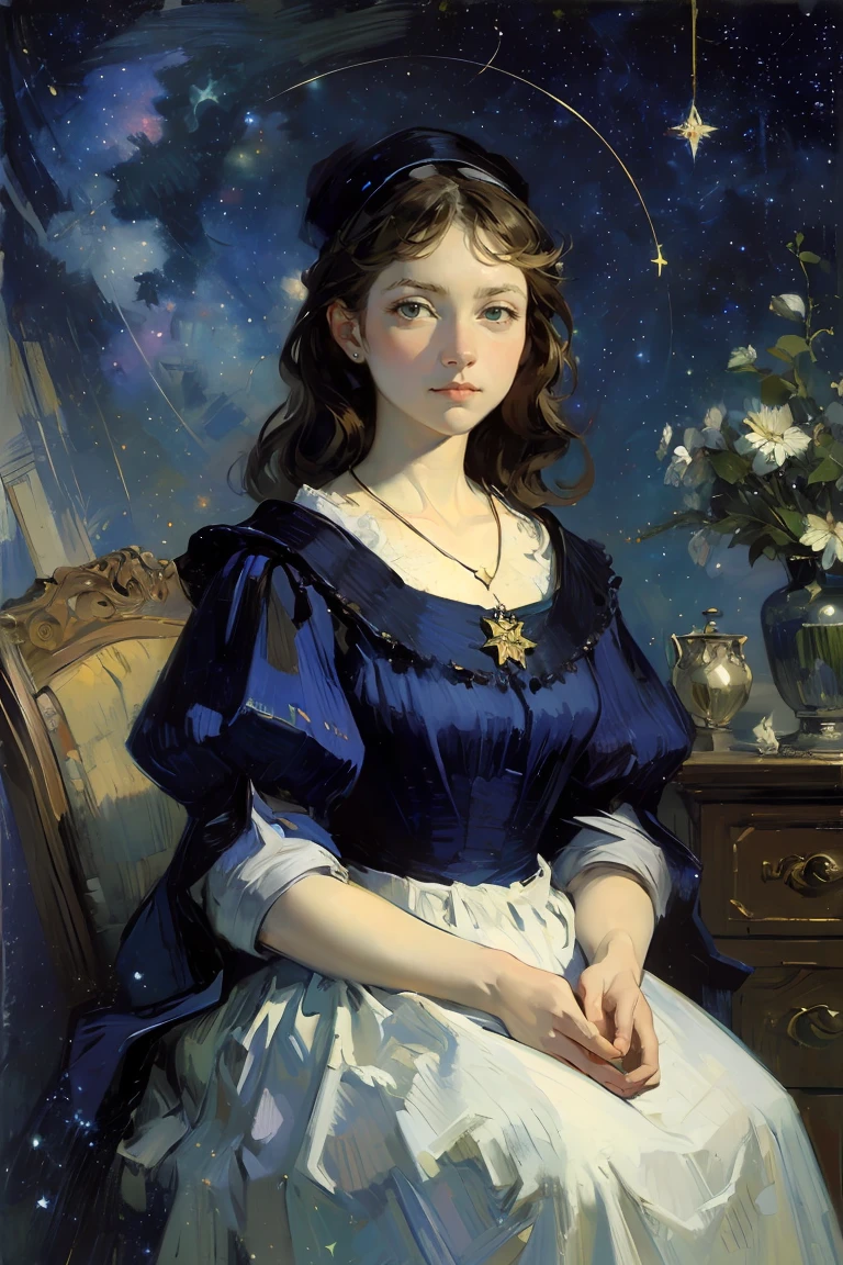 oil painting,in van Gogh style,masterpiece, best quality, detailed,sargent, 1girl,dress, necklace,(Starry Sky:1.2),Magic, Tree