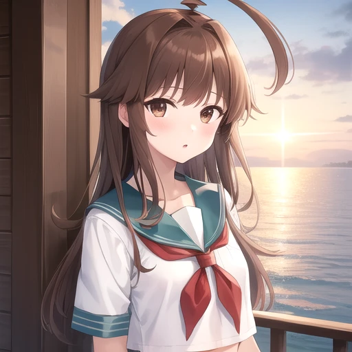 ((masterpiece)),(best quality),official art,extremely detailed CG,unity 8k wallpaper,ultra detailed,A lighthouse on a cliff by the sea,1girl,solo,upper body,(portrait:1.2),long_hair,brown_hair,white_shirt,white_shorts,brown_eyes,school_uniform,serafuku,huge_ahoge,sailor_collar,navel,neckerchief,midriff,looking_at_viewer,short_sleeves,<lora:Kuma(kan)>,