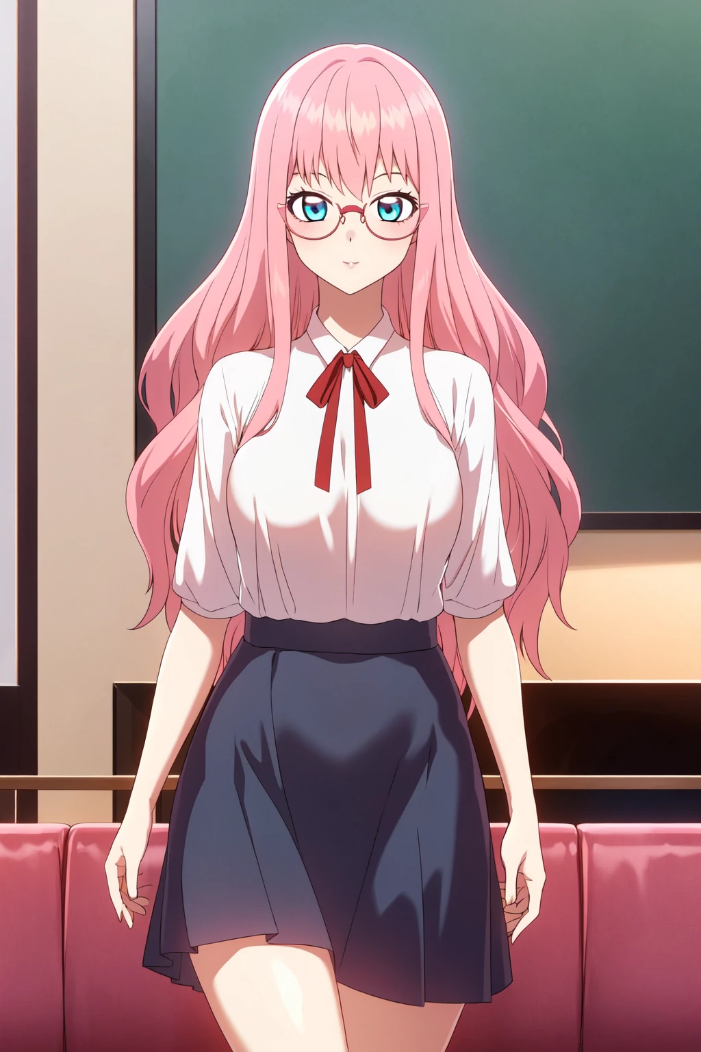 SLE, mksks style, detailed background solo, 1girl, mimori mizuha, long hair, sidelocks, ponytail, alternate costume, office lady, red glasses, semi-rimless eyewear, under-rim eyewear, (red blazer jacket, collared jacket), (open jacket), white dress shirt, collared shirt, buttons, (red pencil skirt), (brown pantyhose), smile, blush, looking at viewer, (sitting, crossed legs), office, office chair, office desk, indoors, cowboy shot,