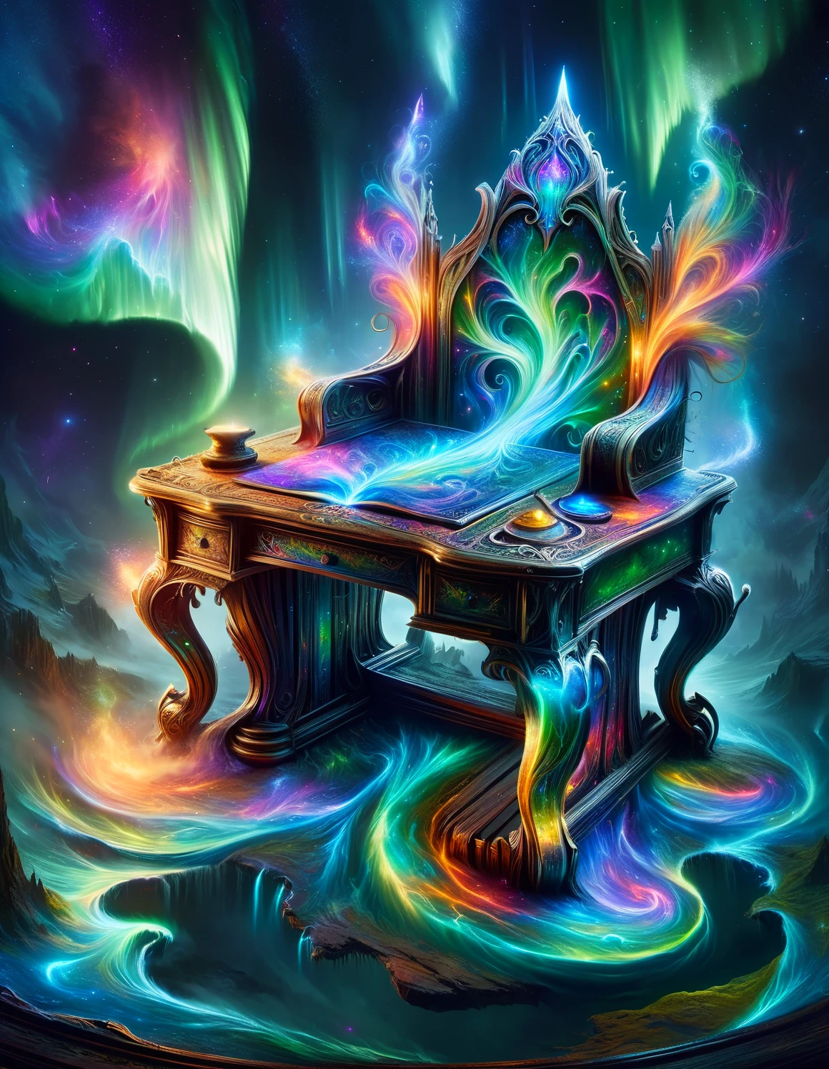 <lora:SDXLAuroraStyle:1> Aurorastyle, a magical map leading to FAELAND, torn and worn, sitting on a wizard's desk, spilled multicolored ink, high quality, imagination, 8k, fantasy art