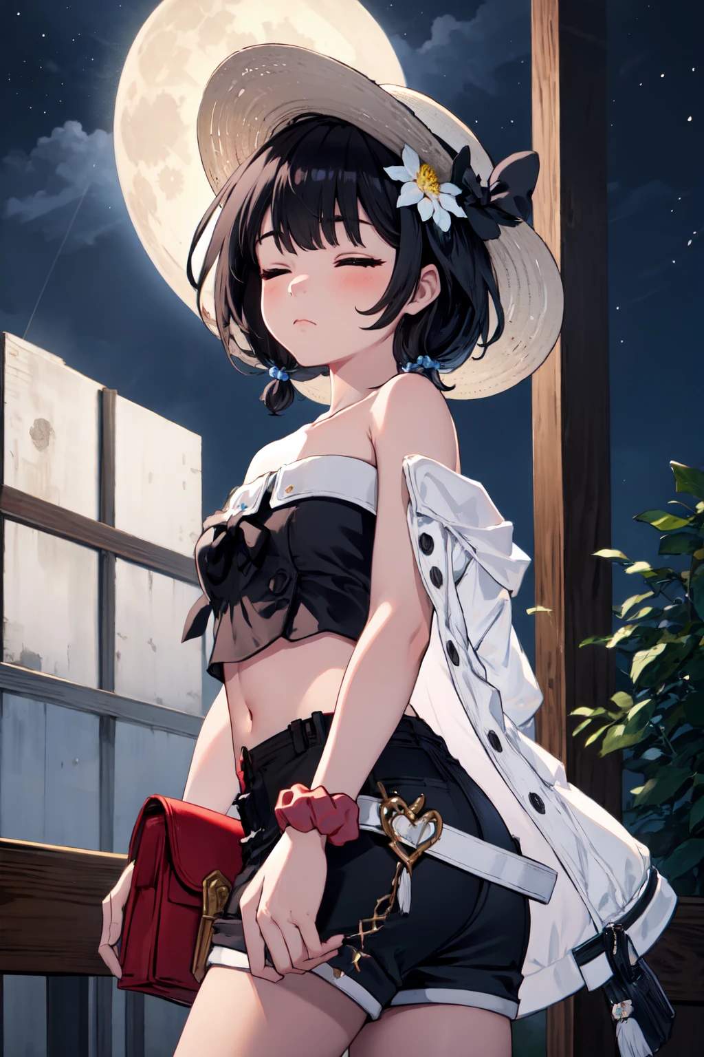 masterpiece, (detailed, highres, best quality), 1girl, <lora:spgbfVikala:1> vikalasu, bare shoulders, midriff, crop top, black bow, sun hat, hair bow, white jacket, strapless black shirt, black shorts, bag, wrist scrunchie, book, flower, full moon, indoors, moon, night, night sky, sky, white flower, window, closed eyes, closed mouth, expressionless, holding, holding umbrella, solo