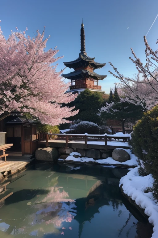 ltra-detailed,highly detailed,best quality,masterpiece,illustration,realistic,
wqmy, no humans, scenery, sky, tree, outdoors, water, east asian architecture, day, architecture, blue sky, house, building, onsen, cherry blossoms, rock, snow, steam, river, bare tree, bridge, reflection, shrine, winter, pond, plant, table 
<lora:wqmy_v1_03:0.7>