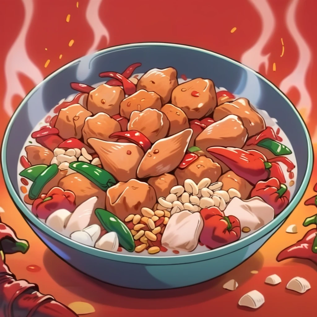 A vibrant cartoon-style illustration of Chinese Kung Pao Chicken, featuring glossy, succulent cubes of chicken, vividly colored bell peppers, and crunchy peanuts. The dish is depicted in a traditional Chinese serving bowl, with steam artistically swirling upwards. The sauce is rich and glossy, glazing the ingredients with a tempting sheen. Around the bowl, ingredients like garlic, ginger, and dried chilies are scattered, adding to the lively and appetizing scene. The background shows a hint of a bustling Chinese kitchen, adding to the authentic feel of the dish, <lora:food_ichiban:0.85>