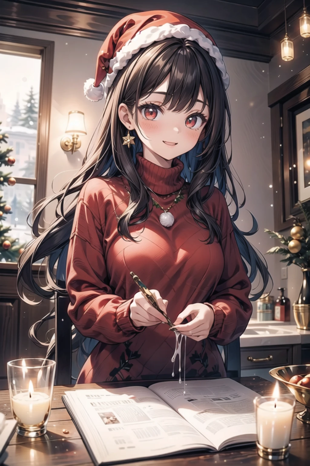 vibrant colors,  female,  masterpiece,  sharp focus,  best quality,  depth of field,  cinematic lighting,  ((solo,  adult woman)),  (illustration,  8k CG,  extremely detailed),  masterpiece,  ultra-detailed,  1 girl,  long hair,  brown hair,  flowing hair,  red eyes,  beautiful girl,  Title: "Cozy Festivities: The Girl in a Christmas Sweater"
Amidst the winter festivities,  a girl dons a charming Christmas sweater,  radiating warmth and holiday cheer. The detailed illustration captures the joyful atmosphere as she embraces the coziness of the season,  adorned in festive patterns.
Dressed in winter attire that complements the holiday spirit,  the room is bathed in soft,  festive lighting,  creating a warm ambiance. Every detail,  from the intricate design of the sweater to the girl's cheerful expression,  contributes to the festive charm of the scene.
In "Cozy Festivities, " the illustration paints a heartwarming portrait of a girl immersed in the joy of the holiday season,  where the Christmas sweater becomes a delightful symbol of comfort and merriment,  echoing the spirit of festive celebration.,<lora:EMS-179-EMS:0.400000>,<lora:EMS-3183-EMS:0.400000>,<lora:EMS-34736-EMS:0.200000>