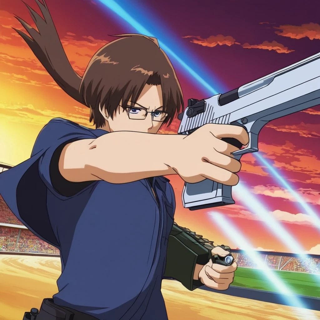 anime artwork of <lora:Desert Eagle:1.2>
a cartoon character firing a gun in a stadium Desert Eagle pistol, anime style, key visual, vibrant, studio anime, highly detailed