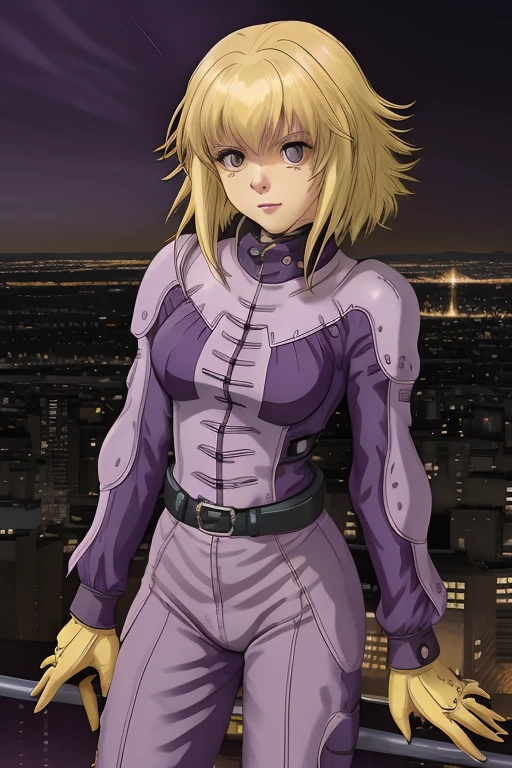 female,Lilia Flaubert,(yellow hair), purple pilotsuit,  city view , night,   <lora:lila-000006:1>