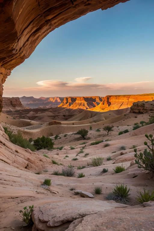 A desert landscape with a canyon carved by wind and time, revealing layers of colorful rock formations