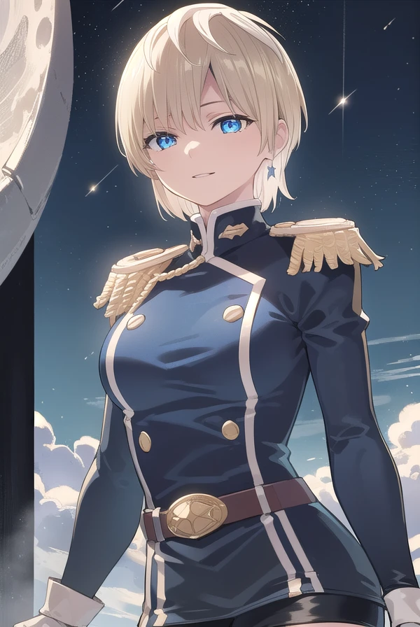 tenkaizumo, <lora:tenka izumo manga-lora-nochekaiser:1>,
tenka izumo, short hair, blue eyes, blonde hair, smile,
BREAK thighhighs, gloves, jewelry, earrings, boots, shorts, belt, uniform, military, military uniform, thigh boots, epaulettes,
BREAK outdoors, space, starry sky, star \(sky\), moon,
BREAK looking at viewer, (cowboy shot:1.5),
BREAK <lyco:GoodHands-beta2:1>, (masterpiece:1.2), best quality, high resolution, unity 8k wallpaper, (illustration:0.8), (beautiful detailed eyes:1.6), extremely detailed face, perfect lighting, extremely detailed CG, (perfect hands, perfect anatomy),