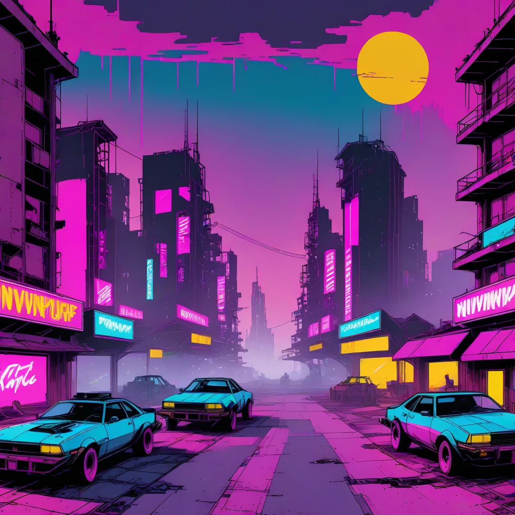 nvinkpunk, popart, synthwave, a post apocalyptic town