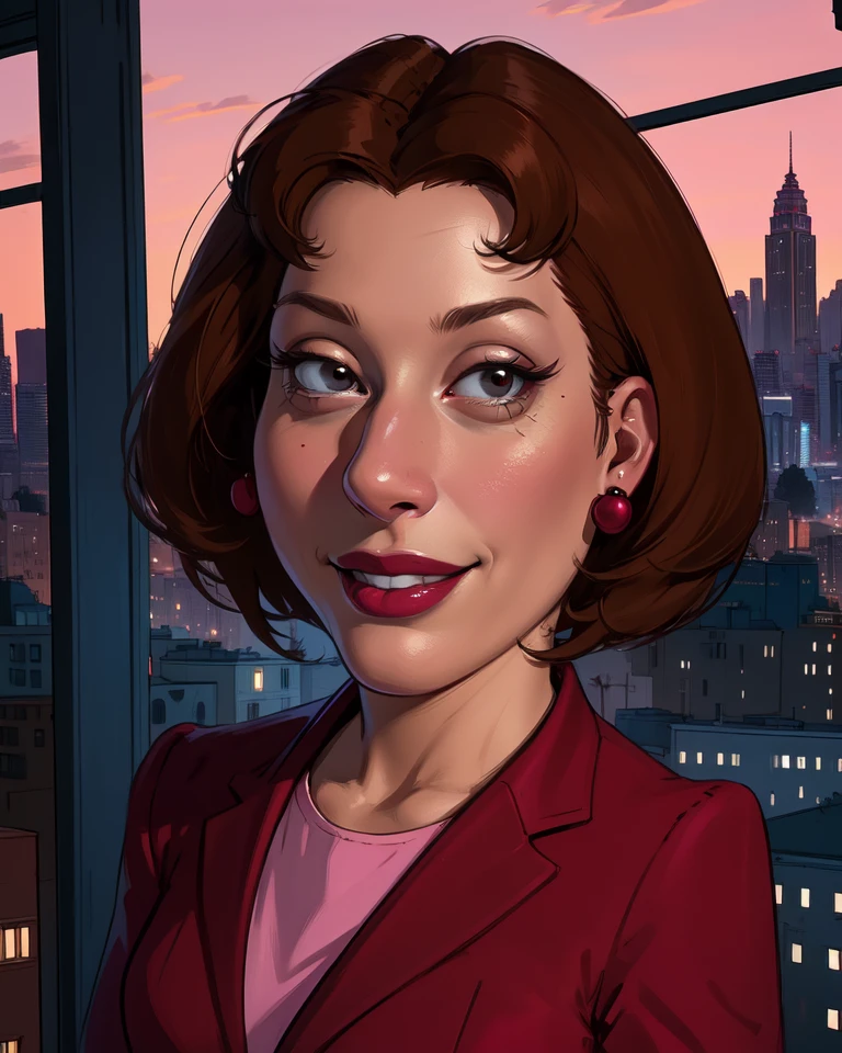 Diane,short brown hair,makeup,solo,black eyes,
Red Suit,pink shirt,buttons,red earings,
upper body,smile,standing,
newsroom,camera,back window,cityscape,
(insanely detailed, beautiful detailed face, masterpiece, detailed eyes, best quality),<lora:DianeSimmons-10FG:0.6>,