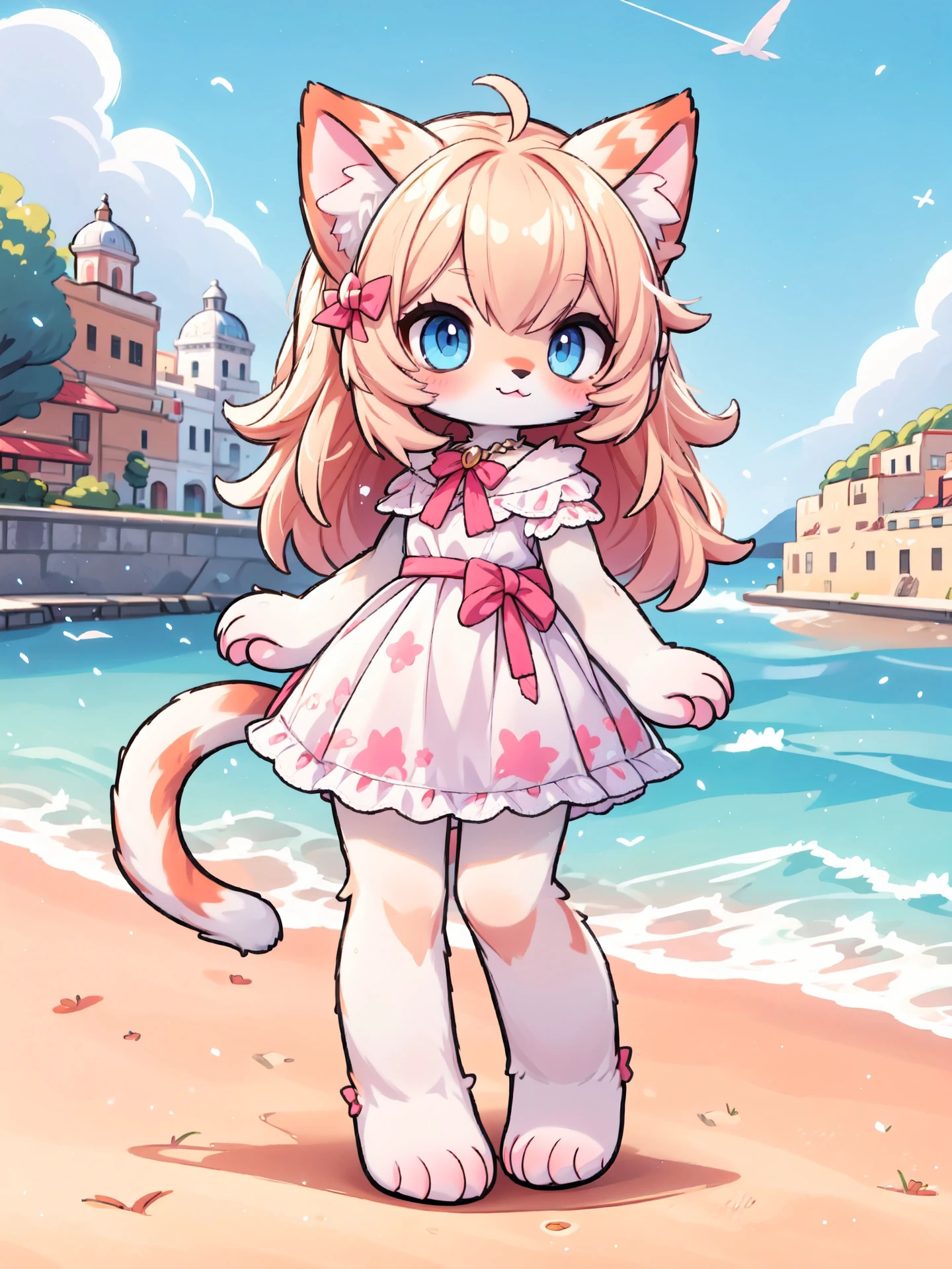 (furry, furry female, cat furry girl:1.2),Sicily background,sundress,sea,sky,white buildings,
cat tail,full body,
<lora:Silicon-landscape-isolation:0.5>,
