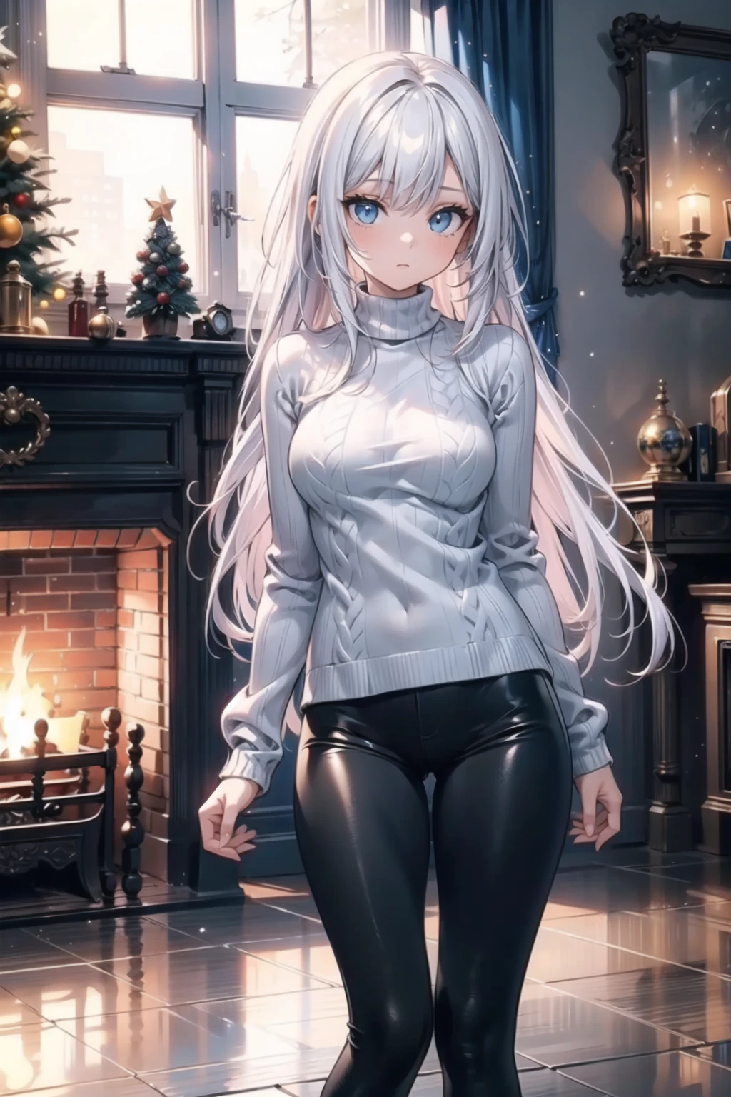 vibrant colors, female, masterpiece, sharp focus, best quality, depth of field, cinematic lighting, ((solo, adult woman)), (illustration, 8k CG, extremely detailed), masterpiece, ultra-detailed, 1 girl, long hair, flowing hair, blue eyes, beautiful girl, christmas knitted sweater, leggings, fireplace, window (computing), winter,<lora:EMS-179-EMS:0.400000>,<lora:EMS-3183-EMS:0.400000>,<lora:EMS-34736-EMS:0.200000>