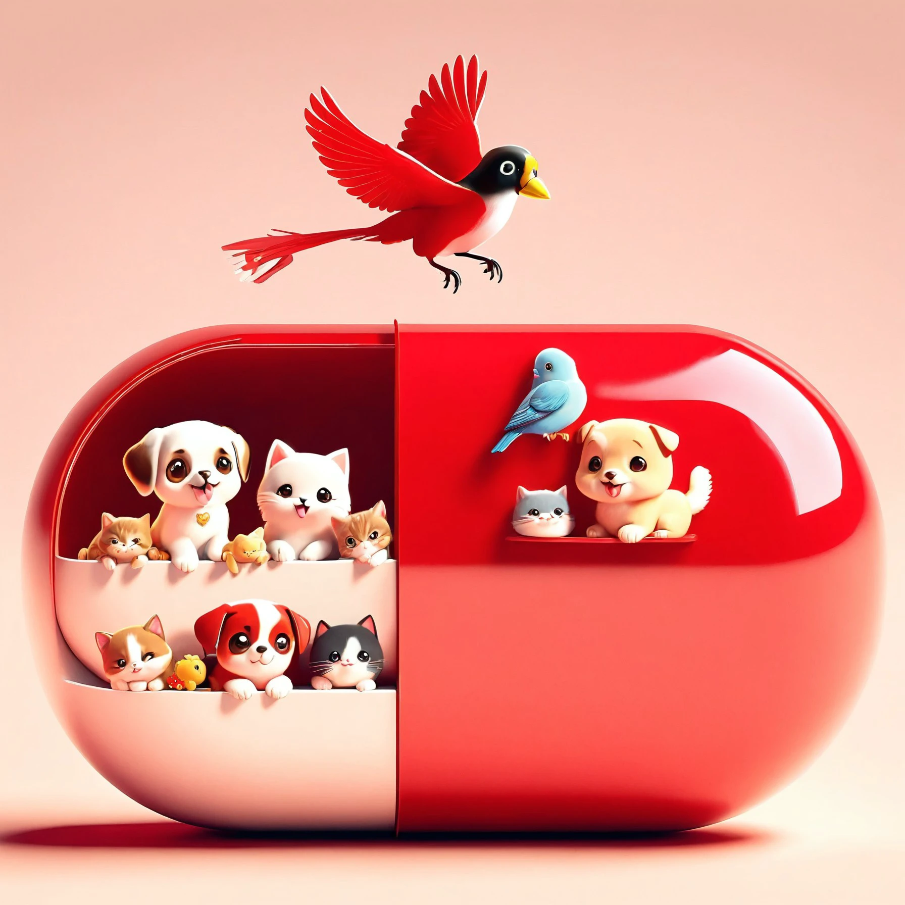 red pill, large pill opens to reveal a variety of cute pets inside, including playful kittens, cuddly puppies, and possibly a cheerful bird or bunny, These pets are depicted in adorable, stylized environments within the pill, such as a miniature park or a cozy, pillow-laden nook, The glossy red exterior of the pill contrasts with the soft, heartwarming scenes inside, highlighting the warmth and affection represented by the pets
<lora:red_pill:1>