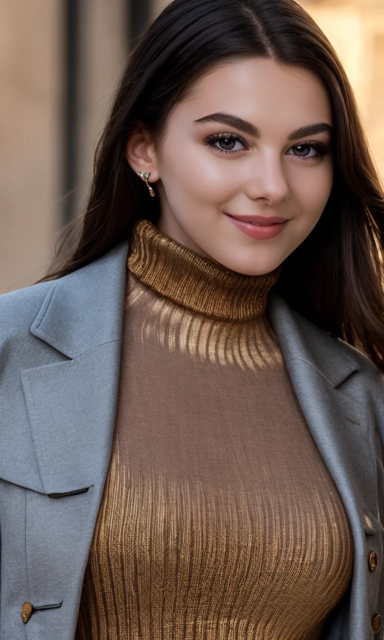 kirak2023, 1 girl, brown hair, uhd, best quality, masterpiece, turtleneck, elegant, movie premiere, 5 fingers, closeup, dark hair, long hair, photorealistic, smile, raw image. cinematic lighting, brown eyes,