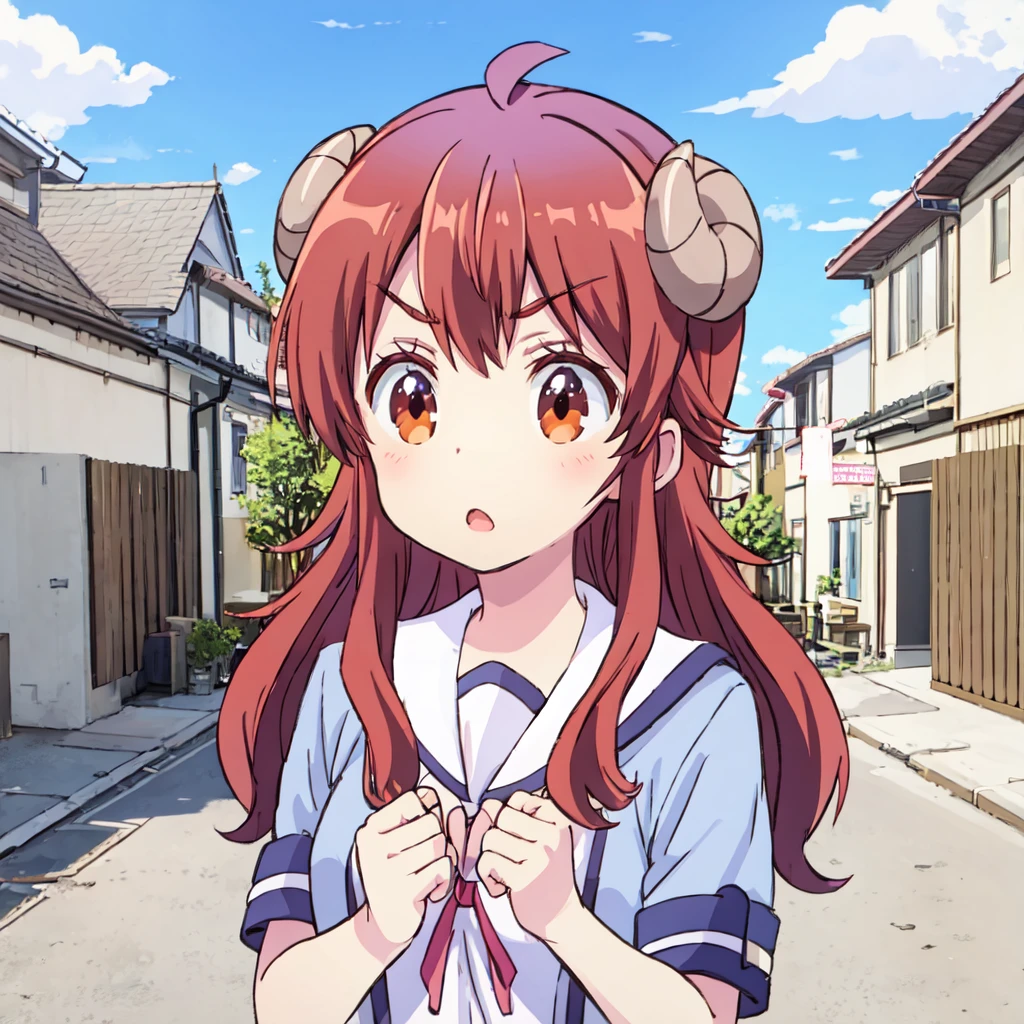 <lora:yuuko-machimazo:0.8>yuuko yoshida, breasts, school uniform,
<lora:ganbaruzoi-v4:1>open mouth, upper body, looking at viewer, :o, v-shaped eyebrows, looking at viewer, outdoors, town, street,