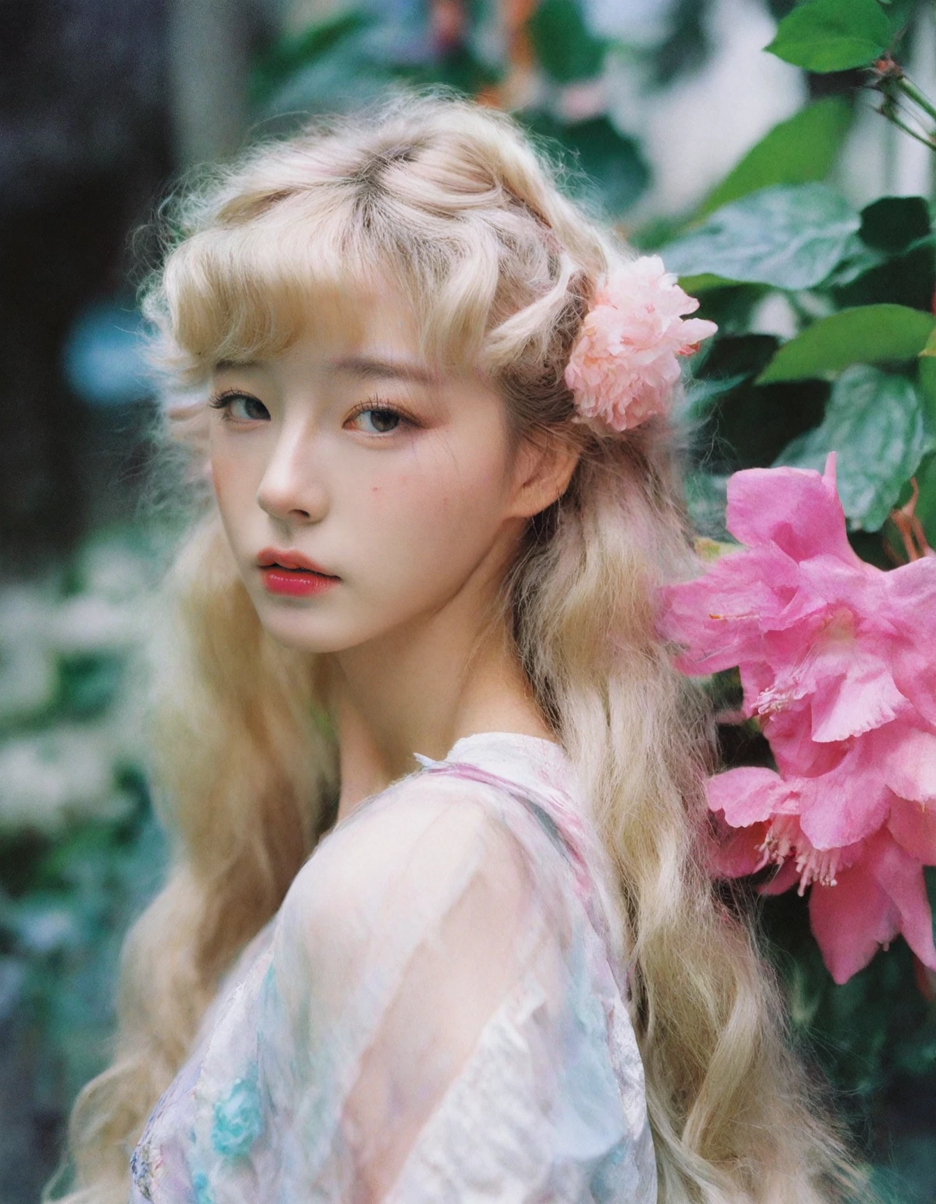 <lora:neg4all_bdsqlsz_xl_V7:1>,
A mesmerizing girl,adorned with long,curly light blond hair,delicately holding a vibrant flower. The pastel makeup echoes the artistic style of Guo Hua,emphasizing the androgenic beauty in a feminine girly dress. This 16-year-old muse,with fuchsia-toned skin reminiscent of Elle Magazine,embodies the ethereal with an aura that transcends time.,