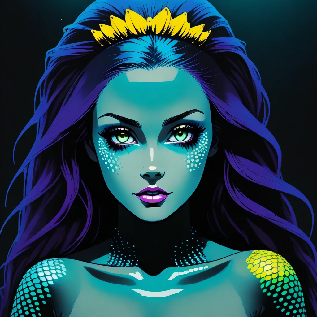 nvinkpunk, popart, dark hues, glowing eyes, a beautiful mermaid