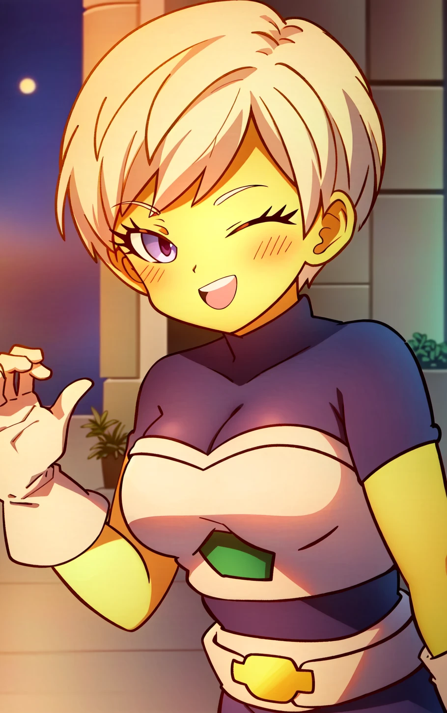 ((extremely detailed CG unity 4k wallpaper)),(masterpiece),(ultra quality),(ultra-detailed),(best illustration),(best shadow),(Extremely Detailed),(absurdres),(detailed background), <lora:OGT_Cheelai-v1:1> Cheelai, 1girl, solo, gloves, colored skin, white hair, green skin, short hair, one eye closed, purple bodysuit, smile, white gloves, open mouth, ok sign, bodysuit, breasts, looking at viewer, medium breasts, purple eyes, ;d