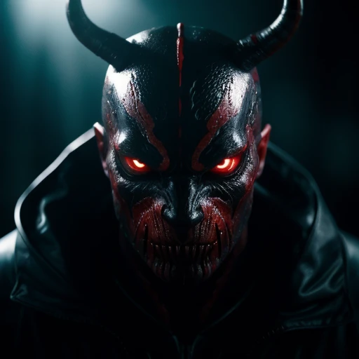 cinematic film still of  <lora:symbiote style 1.5:1.2>
a demonic looking creature with red eyes and a bloody face symbiote style, shallow depth of field, vignette, highly detailed, high budget, bokeh, cinemascope, moody, epic, gorgeous, film grain, grainy