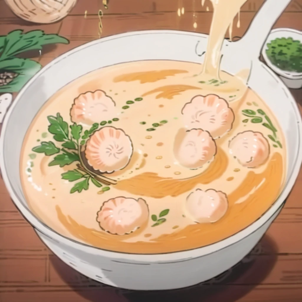 A whimsical cartoon illustration of a bowl brimming with creamy scallop soup. The soup is a rich, golden color, with plump, perfectly cooked scallops floating amidst vibrant green herbs and flecks of spices. Steam rises playfully from the surface in delicate swirls. The bowl, with a quirky, colorful design, sits on a rustic wooden table, accompanied by a spoon with a fun, twisty handle. The background is softly blurred, with hints of a cozy kitchen setting, emphasizing the inviting warmth of the dish, <lora:food_ichiban:1>