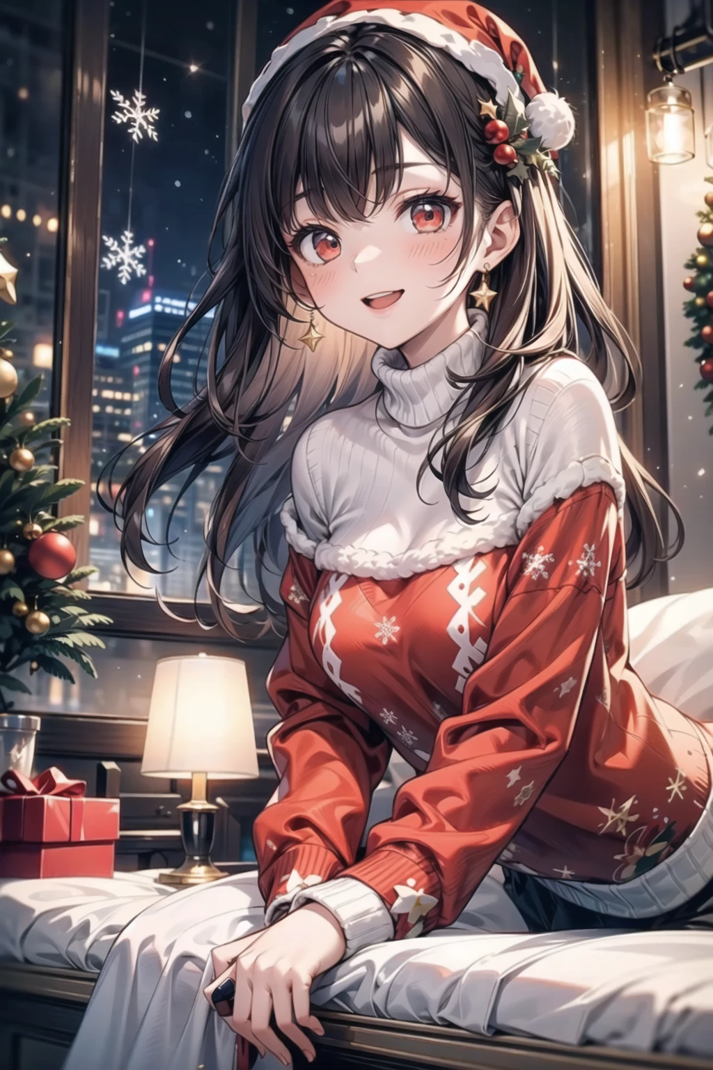 vibrant colors,  female,  masterpiece,  sharp focus,  best quality,  depth of field,  cinematic lighting,  ((solo,  adult woman)),  (illustration,  8k CG,  extremely detailed),  masterpiece,  ultra-detailed,  1 girl,  long hair,  brown hair,  flowing hair,  red eyes,  beautiful girl,  Title: "Cozy Festivities: The Girl in a Christmas Sweater"
Amidst the winter festivities,  a girl dons a charming Christmas sweater,  radiating warmth and holiday cheer. The detailed illustration captures the joyful atmosphere as she embraces the coziness of the season,  adorned in festive patterns.
Dressed in winter attire that complements the holiday spirit,  the room is bathed in soft,  festive lighting,  creating a warm ambiance. Every detail,  from the intricate design of the sweater to the girl's cheerful expression,  contributes to the festive charm of the scene.
In "Cozy Festivities, " the illustration paints a heartwarming portrait of a girl immersed in the joy of the holiday season,  where the Christmas sweater becomes a delightful symbol of comfort and merriment,  echoing the spirit of festive celebration.,<lora:EMS-179-EMS:0.400000>,<lora:EMS-3183-EMS:0.400000>,<lora:EMS-34736-EMS:0.200000>