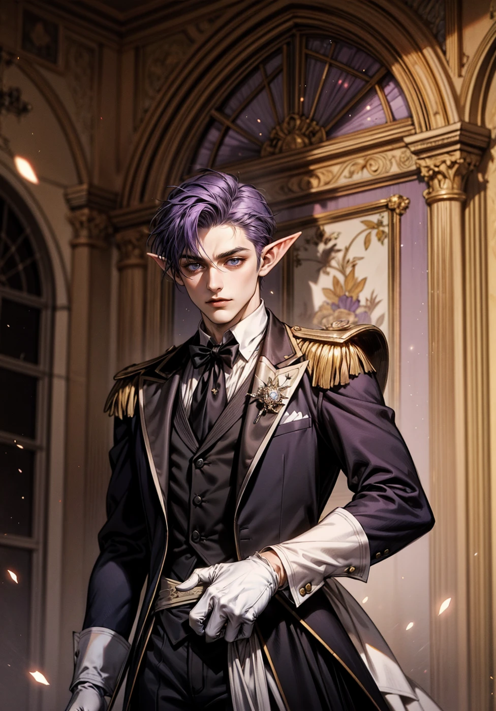 masterpiece, best quality, perfect anatomy, light particles, illustration, man, shoulder-length hair, purple hair, elf ears, purple sly eyes, butler costume, butler, white gloves,