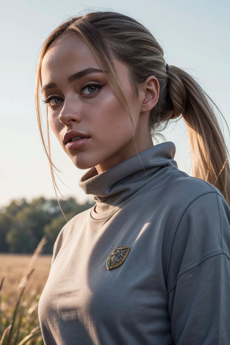 portrait of S255_AngelinaKuznetsova,a gorgeous woman,on a (field:1.1),wearing a (sweatshirt:1.1),(ponytail),(4k, RAW photo, best quality, depth of field, ultra high res:1.1),(absurdres, intricate, photorealistic, masterpiece, ultra-detailed:1.2),