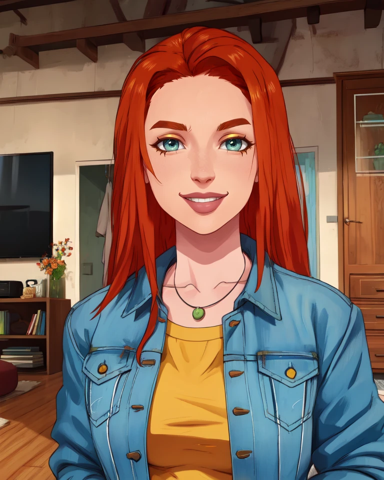 eve,green eyes,orange hair,
jean jacket,yellow shirt,necklace,
standing,smile,upper body,
indoors,living room,
(insanely detailed, beautiful detailed face, masterpiece, beautiful detailed eyes, best quality),<lora:AtomE-10IV:0.8>,