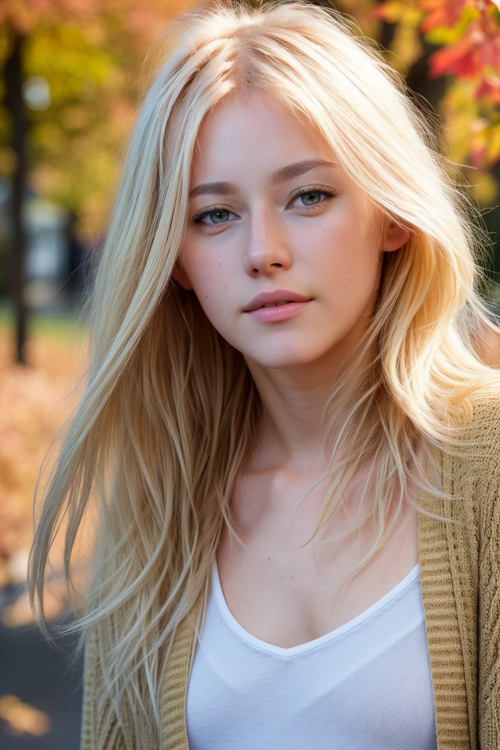 Photo of stunning Caucasian woman, mil4 with blonde hair, lovely face, wearing cardigan and shirt, in a urban street with fallen maple leaves, autumn, (headshot framing), under warm golden hour lighting, face focus, vivid colors, detailed skin texture, (blush:0.5), (goosebumps:0.5), subsurface scattering, perfect iris, perfect pupils, perfect hands, (masterpiece, photorealistic:1.2), high quality, intricate details, detailed background, 8k