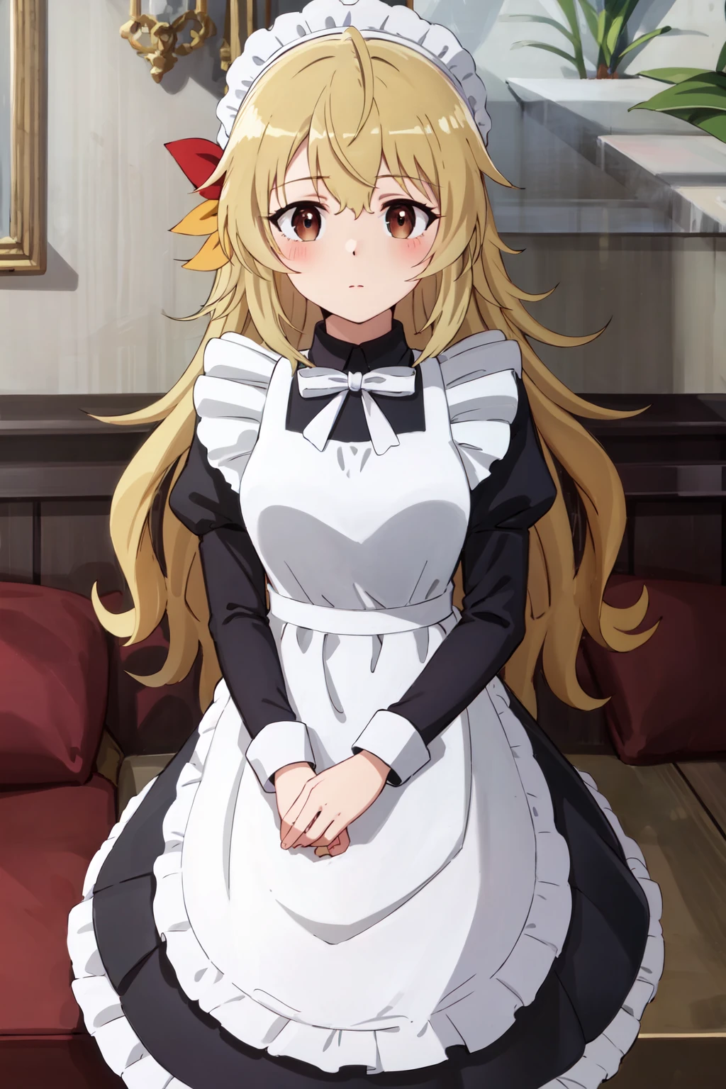 ((best quality, high quality, masterpiece, highres)), yifa, solo, 1girl, blush, maid, hair ribbon, white bow, long sleeves, cowboy shot, looking at viewer, <lora:yifa:0.8>