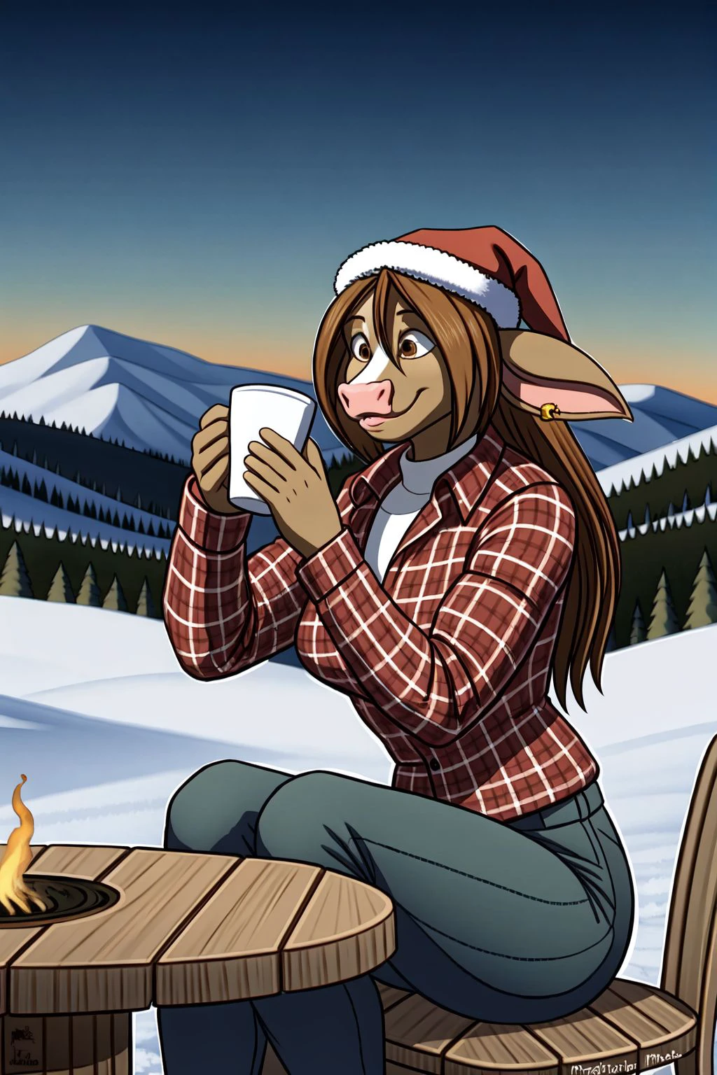 ((masterpiece)), best quality, 1girl, solo, (cow, brown eyes) sitting on the bench, face focus, winter clothes, pants, (detailed background, 4k, 8k, cinematic, realistic-like, 3d), winter, snow, christmas, christmas tree, night, house, holding with hands out hot cup of cocoa with mini marshmallow, <lora:BessieV1.2:0.7>