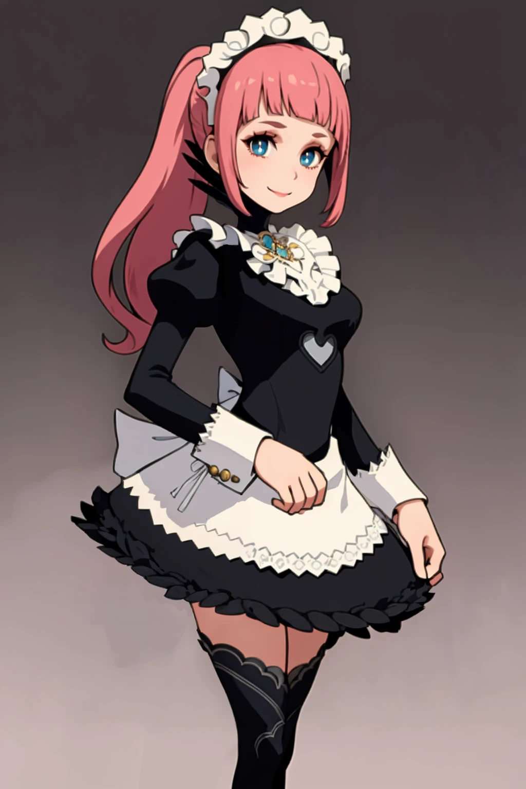 masterpiece, best quality, solo, 1girl, smile, looking at viewer, <lora:P5-tactica_Fp:1>, simple background, <lora:felicia-fe-richy-v1:0.9> feliciadef, maid, maid headdress, black thighhighs, standing,