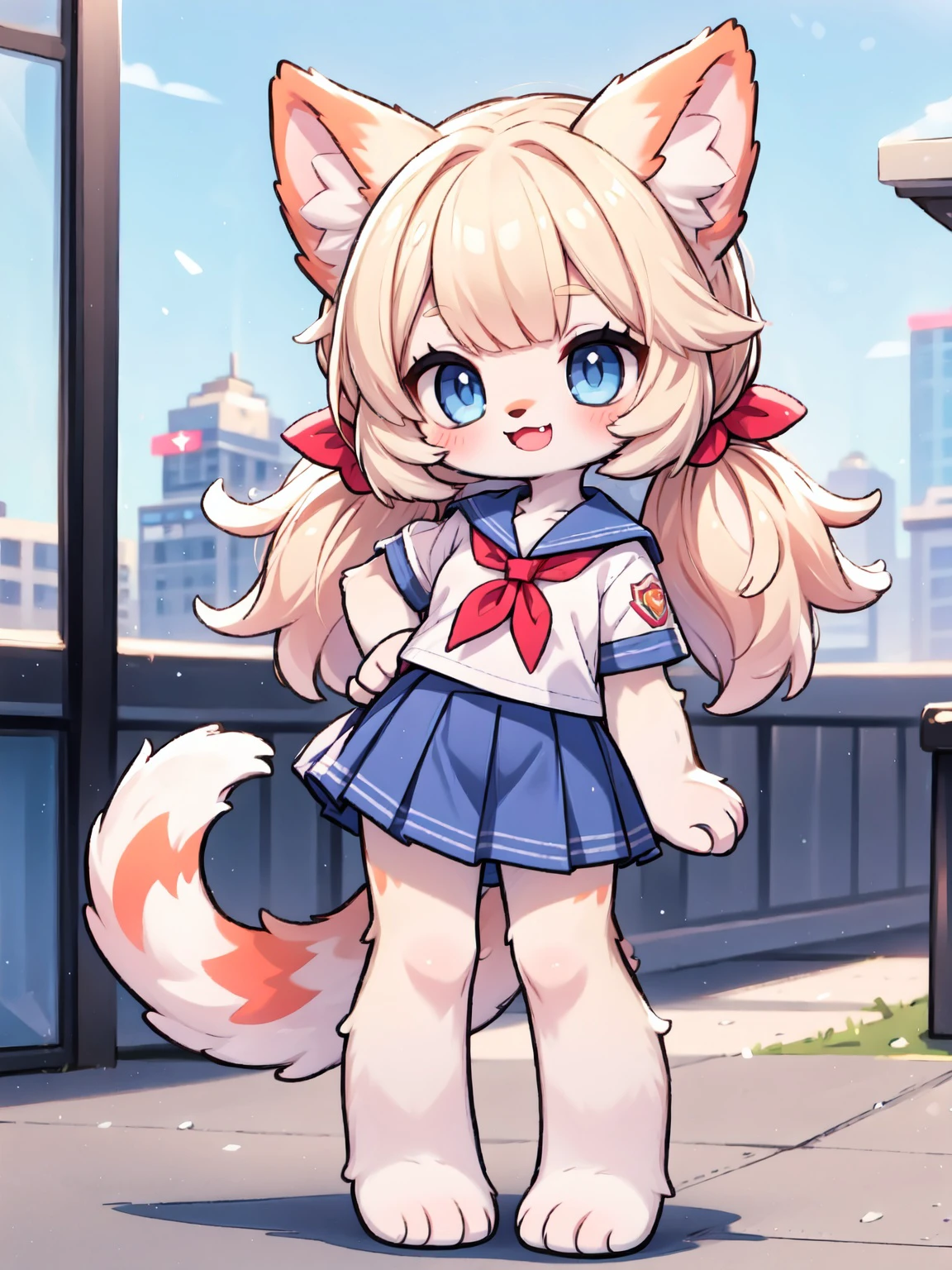 looking at viewer,clear sky,summer,sun,
(furry, furry female:1.2),body fur,animal ears,fang,(tail:1.2),cheerful,smile,open mouth,gyaru,
gold hair,low twintails,blunt bangs,blue eyes,
(school uniform:1.2),short short sleeves,short skirt,in city,craw pose,
cowboy shot,standing,leaning against,full body,