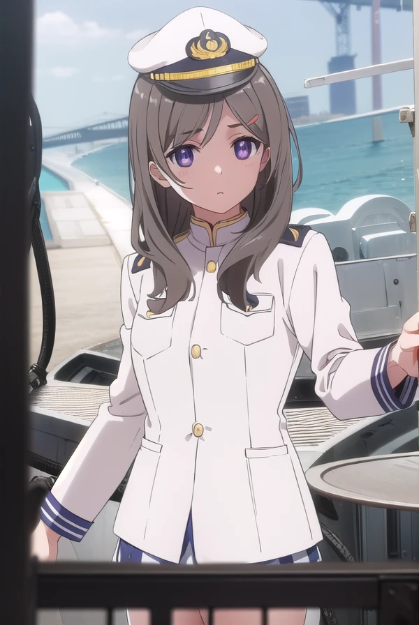 chinamoeka, <lora:china moeka s1-lora-nochekaiser:1>,
china moeka, long hair, brown hair, (purple eyes:1.1),
BREAK hair ornament, hat, hairclip, uniform, military, military uniform, peaked cap, naval uniform, (white uniform:1.5),
BREAK outdoors, ship, navy,
BREAK looking at viewer, (cowboy shot:1.5),
BREAK <lyco:GoodHands-beta2:1>, (masterpiece:1.2), best quality, high resolution, unity 8k wallpaper, (illustration:0.8), (beautiful detailed eyes:1.6), extremely detailed face, perfect lighting, extremely detailed CG, (perfect hands, perfect anatomy),