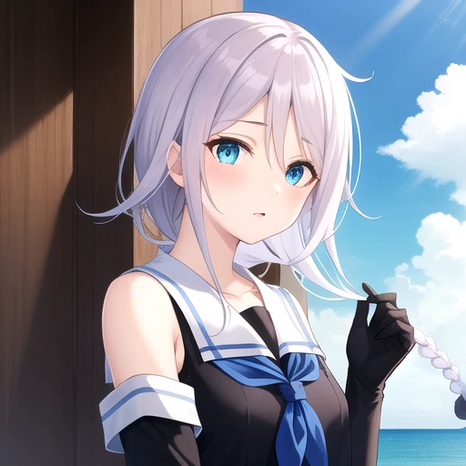 ((masterpiece)),(best quality),official art,extremely detailed CG,unity 8k wallpaper,ultra detailed,A lighthouse on a cliff by the sea,1girl,solo,upper body,(portrait:1.2),very_long_hair,single_braid,school_uniform,mole_under_eye,blue_eyes,serafuku,black_gloves,elbow_gloves,grey_hair,neckerchief,blue_neckerchief,bare_shoulders,pleated_skirt,sleeveless,black_skirt,black_pantyhose,collared_shirt,loafers,<lora:Umikaze(kan)>,