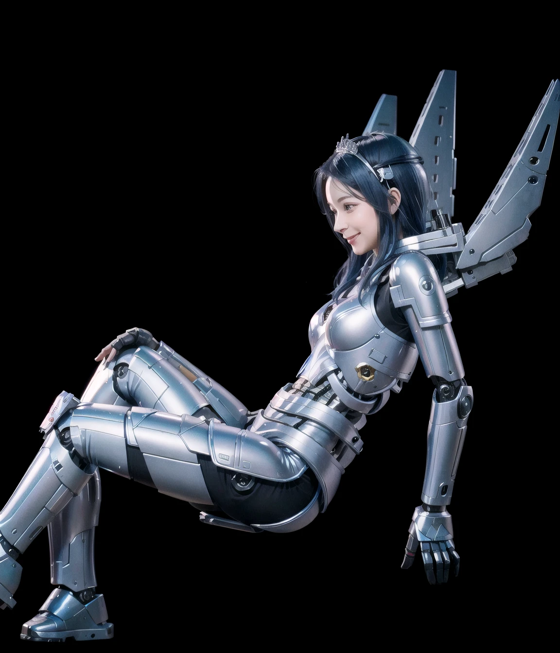 In the best illumination, this official art captures the moment when the elegant extraterrestrial robot girl is smiling confidently. Titanium skin is highlighting her artificially-carved perfect female body proportion. Robot girl is hovering by rocket booster bulit in her mechanical boots.<lora:Blue Robot Girl:0.55>, robot girl, (yuko(pixiv):1.4), android, mechanical wings, robot ears, blue hair, metal skin, glowing armor, reflective sheen, polishing, titanium, flying, cinematic lighting,strong side key lights