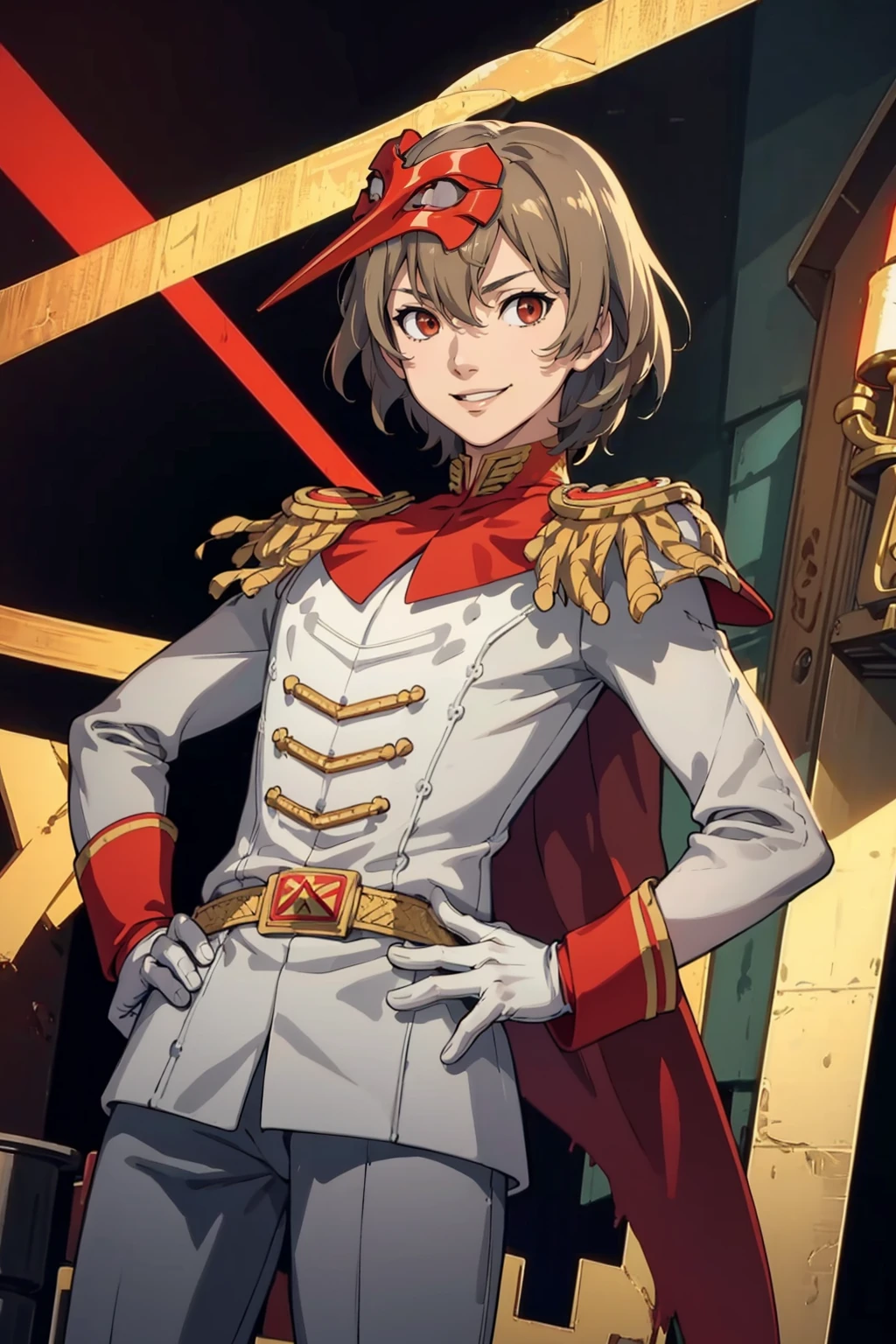 masterpiece, best quality, solo, 1boy, looking at viewer, smile, <lora:Akechi_Fp:1>, akechicrow, uniform, epaulettes, gloves, white pants, red cape, (mask on head), hands on hips,