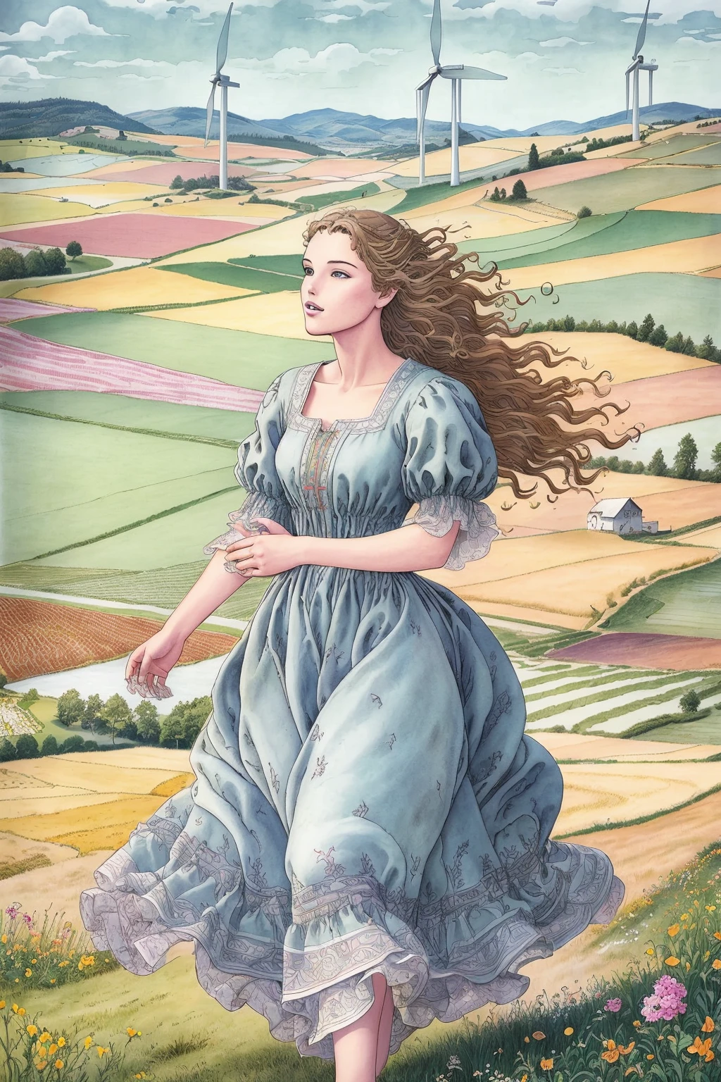 <lora:milomanarastyle_v3-000024:1> masterpiece of traditional media, highly detailed illustration, best hand-drawn quality, portrait of 1girl, mlmnr style, Agricultural Fields with Wind Turbines