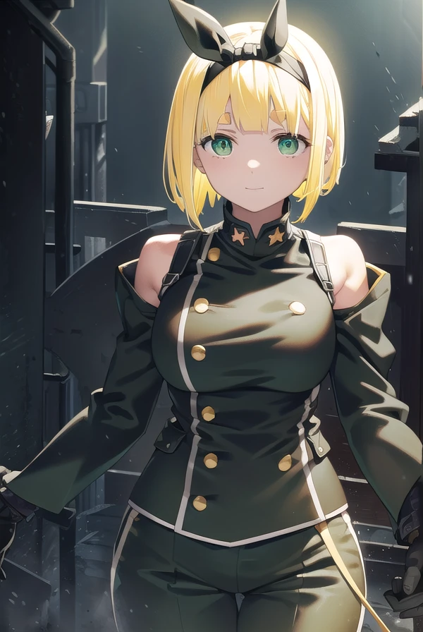 shushusuruga, <lora:shushu suruga manga-lora-nochekaiser:1>,
shushu suruga, short hair, bangs, hair ribbon, hairband, blunt bangs, thick eyebrows, (green eyes:1.5), (yellow hair:1.5), smile,
BREAK gloves, shorts, elbow gloves, belt, buttons, military uniform, military, (bare shoulders:1.5), (black military uniform:1.7),
BREAK outdoors, space, starry sky, star \(sky\), moon,
BREAK looking at viewer, (cowboy shot:1.5),
BREAK <lyco:GoodHands-beta2:1>, (masterpiece:1.2), best quality, high resolution, unity 8k wallpaper, (illustration:0.8), (beautiful detailed eyes:1.6), extremely detailed face, perfect lighting, extremely detailed CG, (perfect hands, perfect anatomy),