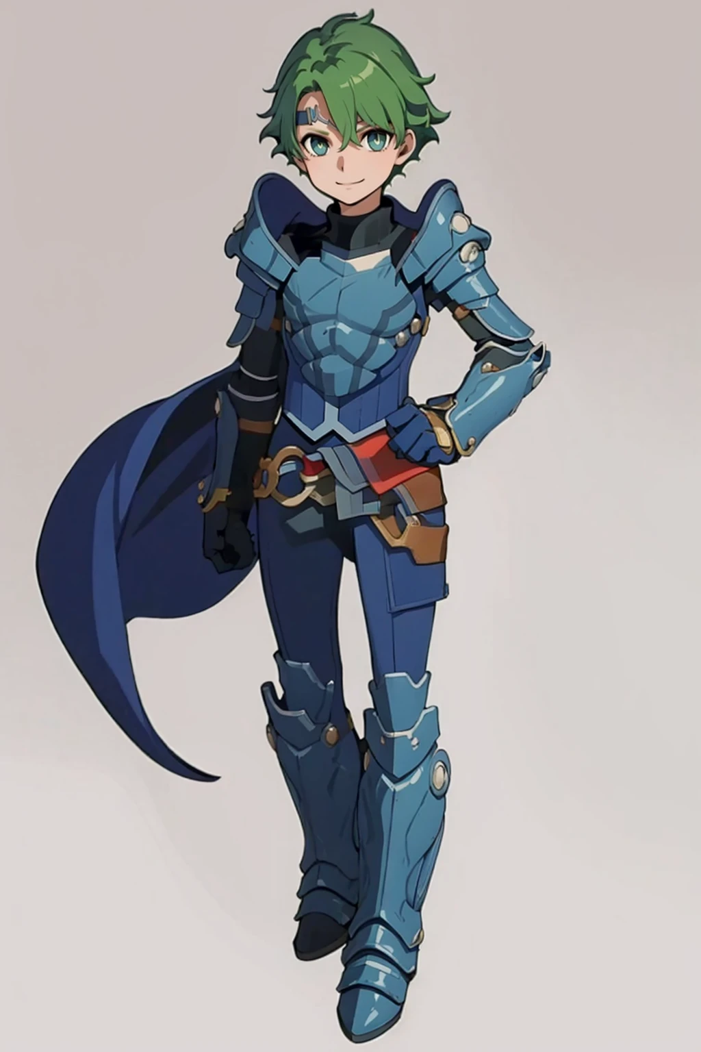 masterpiece, best quality, solo, 1boy, smile, looking at viewer, <lora:P5-tactica_Fp:1>, simple background, <lora:Alm_Fp:1>, almfe, armor, circlet, pants, boots, gloves,