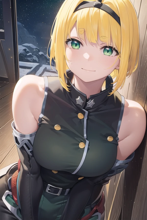 shushusuruga, <lora:shushu suruga manga-lora-nochekaiser:1>,
shushu suruga, short hair, bangs, hair ribbon, hairband, blunt bangs, thick eyebrows, (green eyes:1.5), (yellow hair:1.5), smile,
BREAK gloves, shorts, elbow gloves, belt, buttons, military uniform, military, (bare shoulders:1.5), (black military uniform:1.7),
BREAK outdoors, space, starry sky, star \(sky\), moon,
BREAK looking at viewer, (cowboy shot:1.5),
BREAK <lyco:GoodHands-beta2:1>, (masterpiece:1.2), best quality, high resolution, unity 8k wallpaper, (illustration:0.8), (beautiful detailed eyes:1.6), extremely detailed face, perfect lighting, extremely detailed CG, (perfect hands, perfect anatomy),
