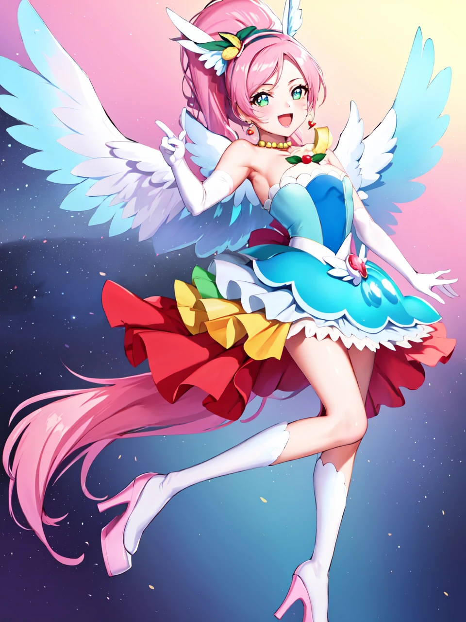 masterpiece, best quality, looking at viewer, depth of field, standing, full body,open mouth,
1girl, <lora:locon_cure_parfait_04:0.85>, cure parfait, wide ponytail, layered skirt, shoulder pads, high heels, white socks, wings, mini hat, elbow gloves, hairband, porch, earrings, jewelry, fruit, 
smile, ((gradient background)), lens flare,