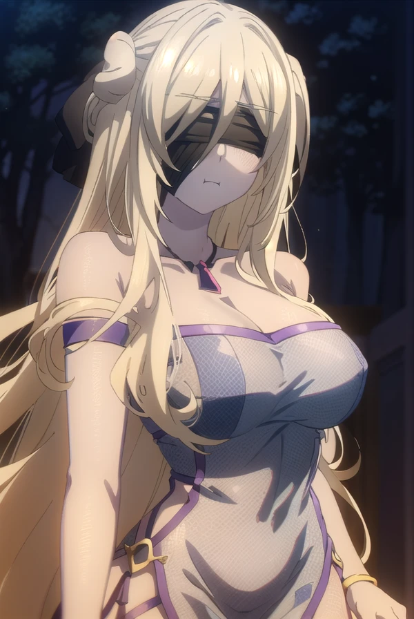 swordmaiden, <lora:sword maiden s2-lora-nochekaiser:1>,
sword maiden, long hair, bangs, blonde hair, blindfold, (covered eyes:1.2), black blindfold, (large breasts:1.2), <lora:SadMadFaces:0.8>, pout, pouting, puffy cheeks,
BREAK dress, jewelry, necklace, white dress, bare shoulders, collarbone,
BREAK outdoors, forest, nature, night, night sky, starry sky, moon,
BREAK looking at viewer, (cowboy shot:1.5),
BREAK <lyco:GoodHands-beta2:1>, (masterpiece:1.2), best quality, high resolution, unity 8k wallpaper, (illustration:0.8), (beautiful detailed eyes:1.6), extremely detailed face, perfect lighting, extremely detailed CG, (perfect hands, perfect anatomy),