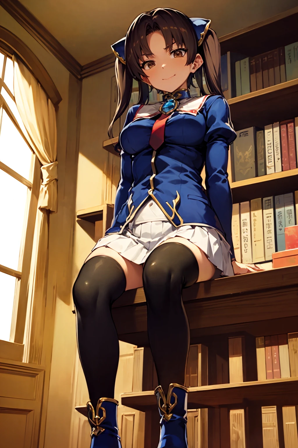 fumikarei, 1girl, solo, hair ornament, school uniform, brooch, necktie, white skirt, black thighhighs, boots, blue footwear, pleated skirt, zettai ryouiki, thighhighs, from below, sitting, couch, palace, castle, indoors, bookshelf, window, looking at viewer, smile, closed mouth <lora:fumikarei_V2-10:0.75>