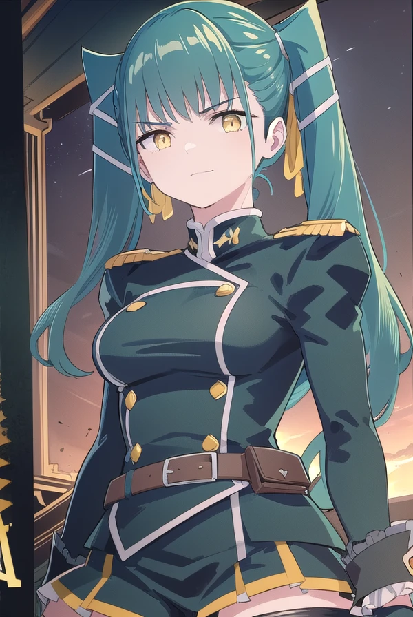 yachihoazuma, <lora:yachiho azuma manga-lora-nochekaiser:1>,
yachiho azuma, long hair, twintails, hair ribbon, (aqua hair:1.5), (yellow eyes:1.5), smile, smirk,
BREAK thighhighs, gloves, jewelry, earrings, boots, shorts, belt, uniform, military, military uniform, thigh boots, epaulettes, black military uniform,
BREAK outdoors, space, starry sky, star \(sky\), moon,
BREAK looking at viewer, (cowboy shot:1.5),
BREAK <lyco:GoodHands-beta2:1>, (masterpiece:1.2), best quality, high resolution, unity 8k wallpaper, (illustration:0.8), (beautiful detailed eyes:1.6), extremely detailed face, perfect lighting, extremely detailed CG, (perfect hands, perfect anatomy),