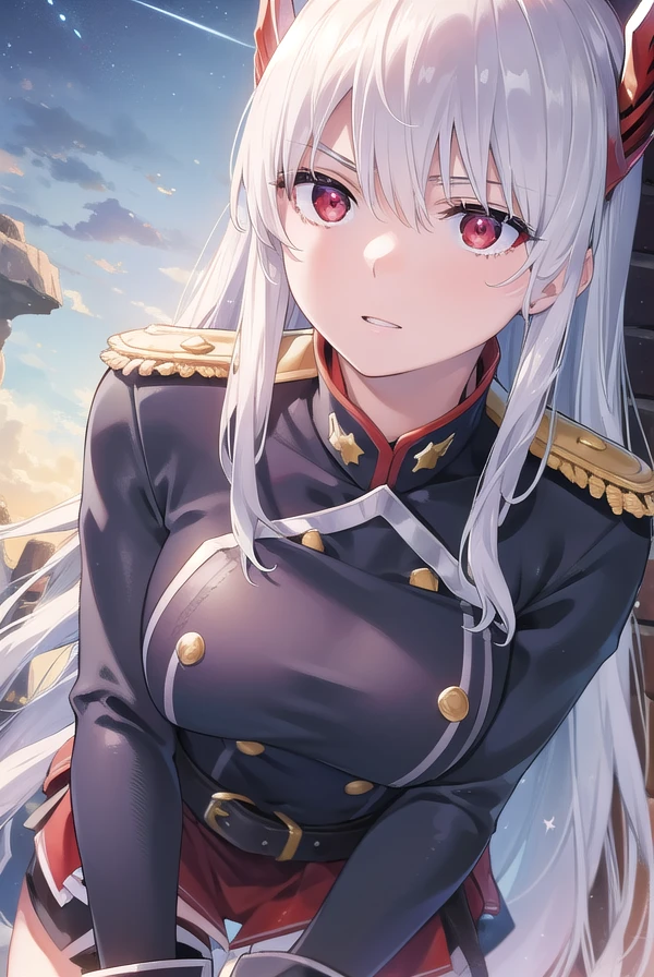 kyoukauzen, <lora:kyouka uzen manga-lora-nochekaiser:1>,
kyouka uzen, long hair, (red eyes:1.5), very long hair, white hair,
BREAK thighhighs, gloves, hat, boots, belt, sword, uniform, zettai ryouiki, military, military uniform, thigh boots, shako cap,
BREAK outdoors, space, starry sky, star \(sky\), moon,
BREAK looking at viewer, (cowboy shot:1.5),
BREAK <lyco:GoodHands-beta2:1>, (masterpiece:1.2), best quality, high resolution, unity 8k wallpaper, (illustration:0.8), (beautiful detailed eyes:1.6), extremely detailed face, perfect lighting, extremely detailed CG, (perfect hands, perfect anatomy),